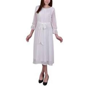 Ny Collection White Petite Short Sleeve Belted Swiss Dot Dress Sz PM NWTS